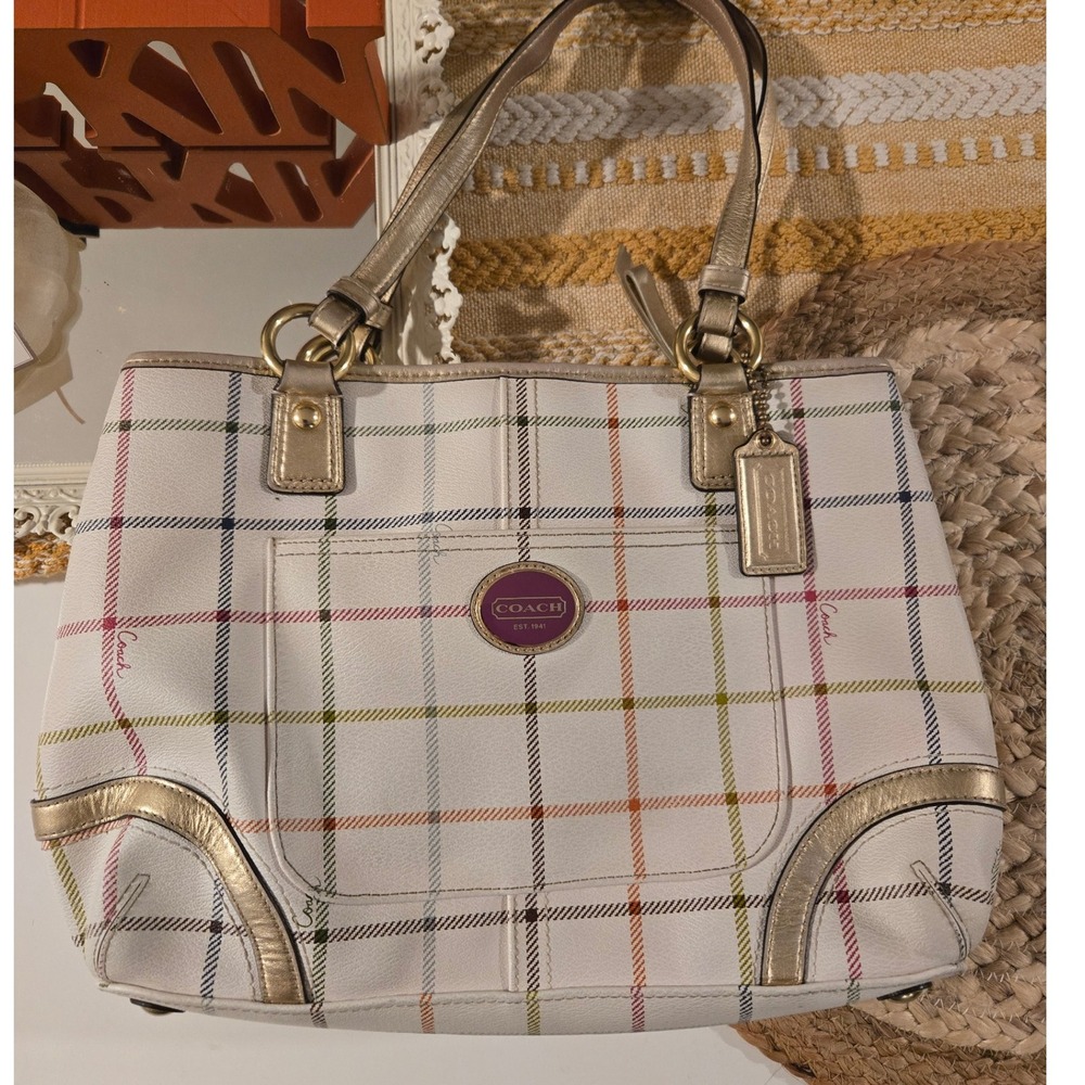 VTG‎ Y2K Coach Tartan Plaid Tote Bag White Gold Leather Trim Multi Color - Picture 2 of 13